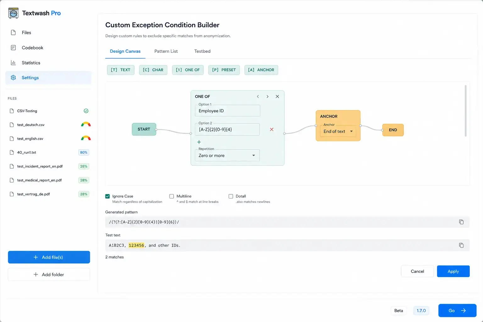 Textwash Pro custom exception condition builder